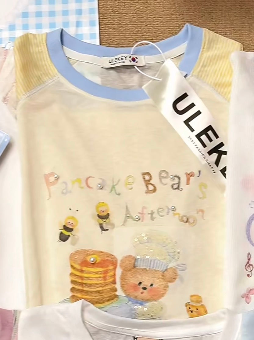 Korean Fashion Cute Animals Style Long-sleeved Sun Protection T-Shirt Series | Chef Cook Pancake Bear's Afternoon - Kawaii Fashion Items