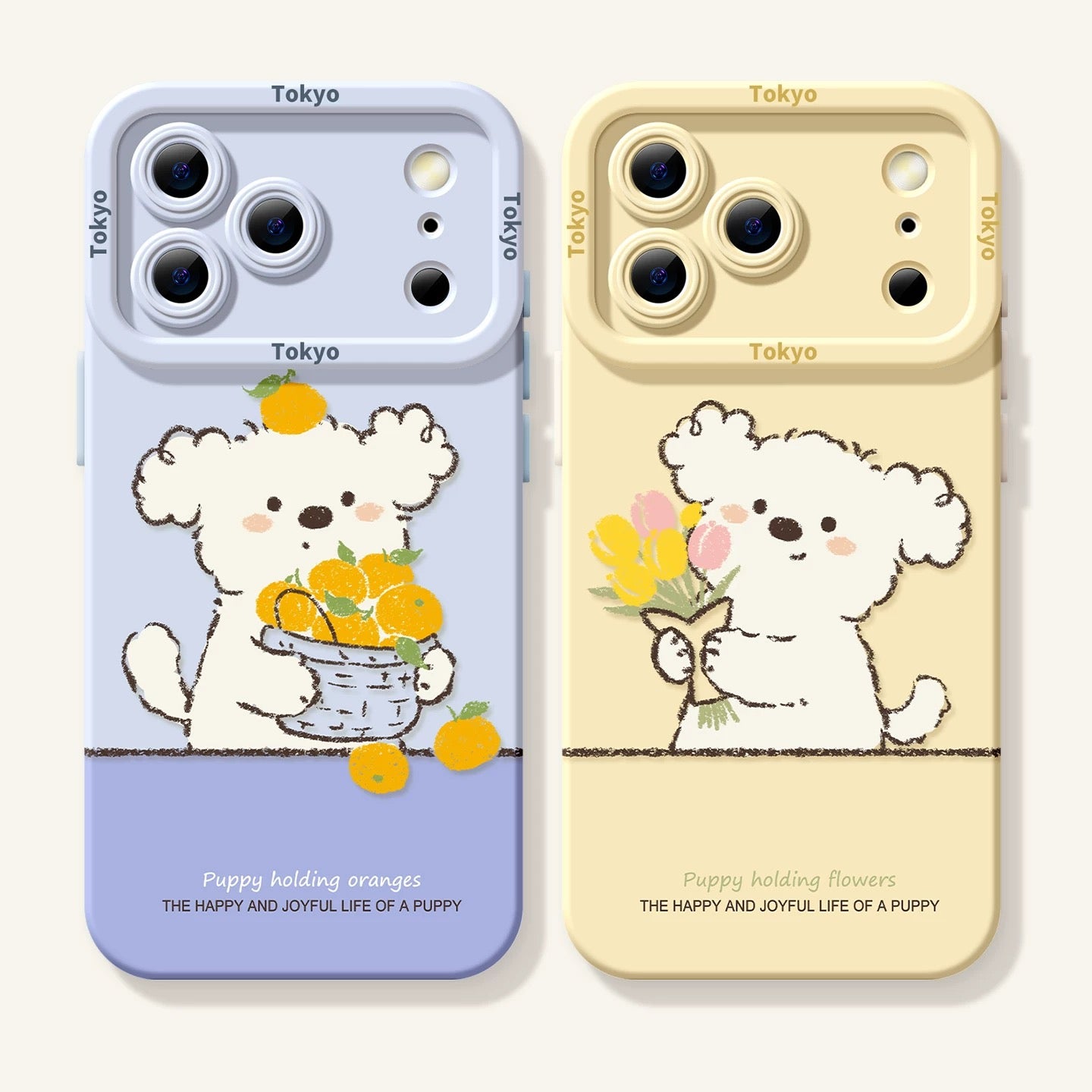 Lovely Simple Drawing White Puppy Silicon Phone Case | Orange & Flower Tulip - iPhone Case PLUS SE2 XS XR X 11 12 13 14 15 16 16e 17 17e Pro Promax 12mini 13mini