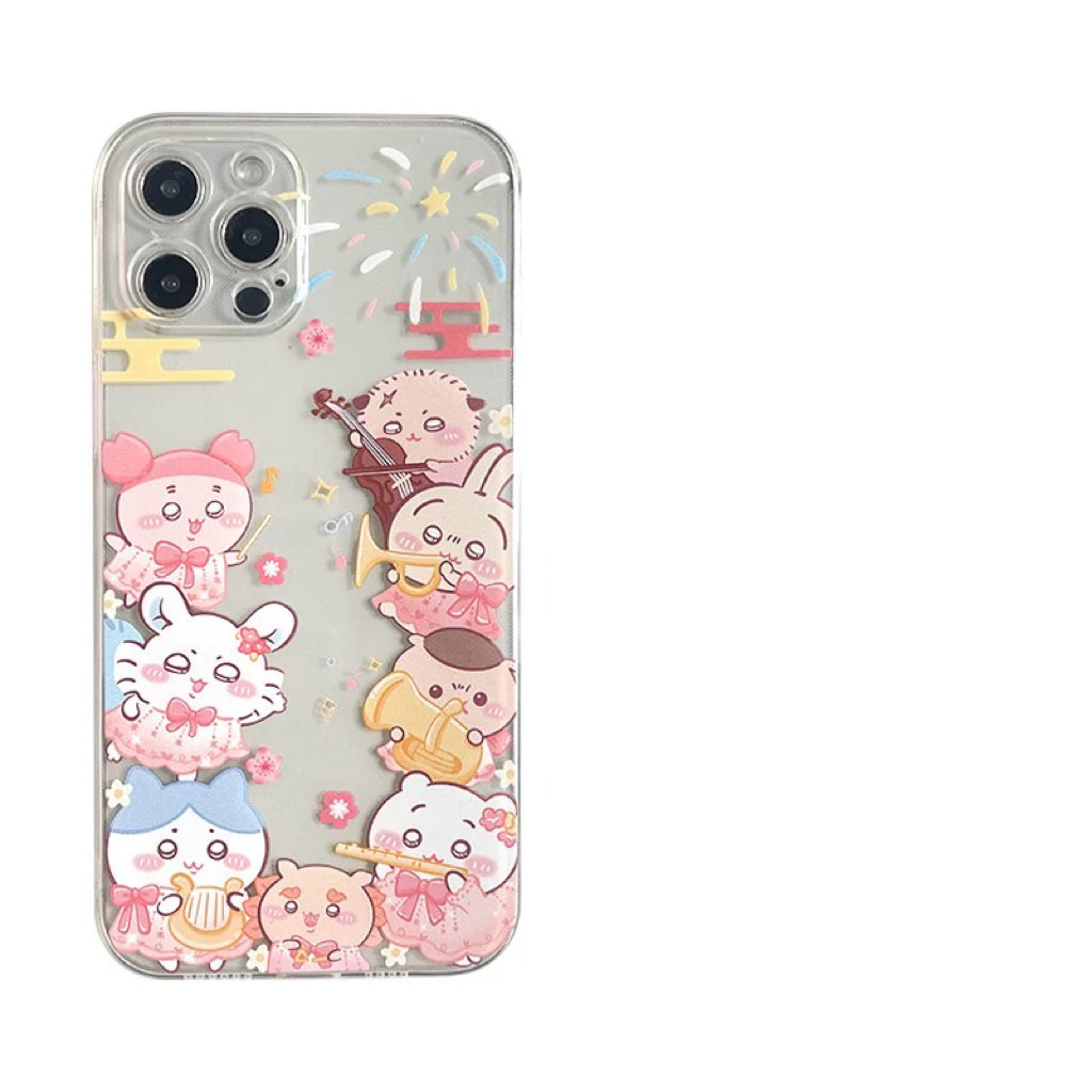 Japanese Cartoon ChiiKawa | Music Party with Firework Chiikawa Hachiware Usagi Momonga Kurimanju Rakko Shisa Crab Clear Laser - iPhone Case 11 12 13 14 15 16 Pro Promax WinnieTheBirds Toy Shop