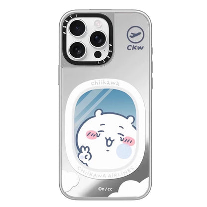 Japanese Cartoon ChiiKawa Clear with Mirror Silver Frame Phone Case | ChiiKawa Hachiware Usagi Aeroplane Window Wear Sunglass and Eating Ice Cream Blue - iPhone Case 12 13 14 15 16 17 Pro Promax