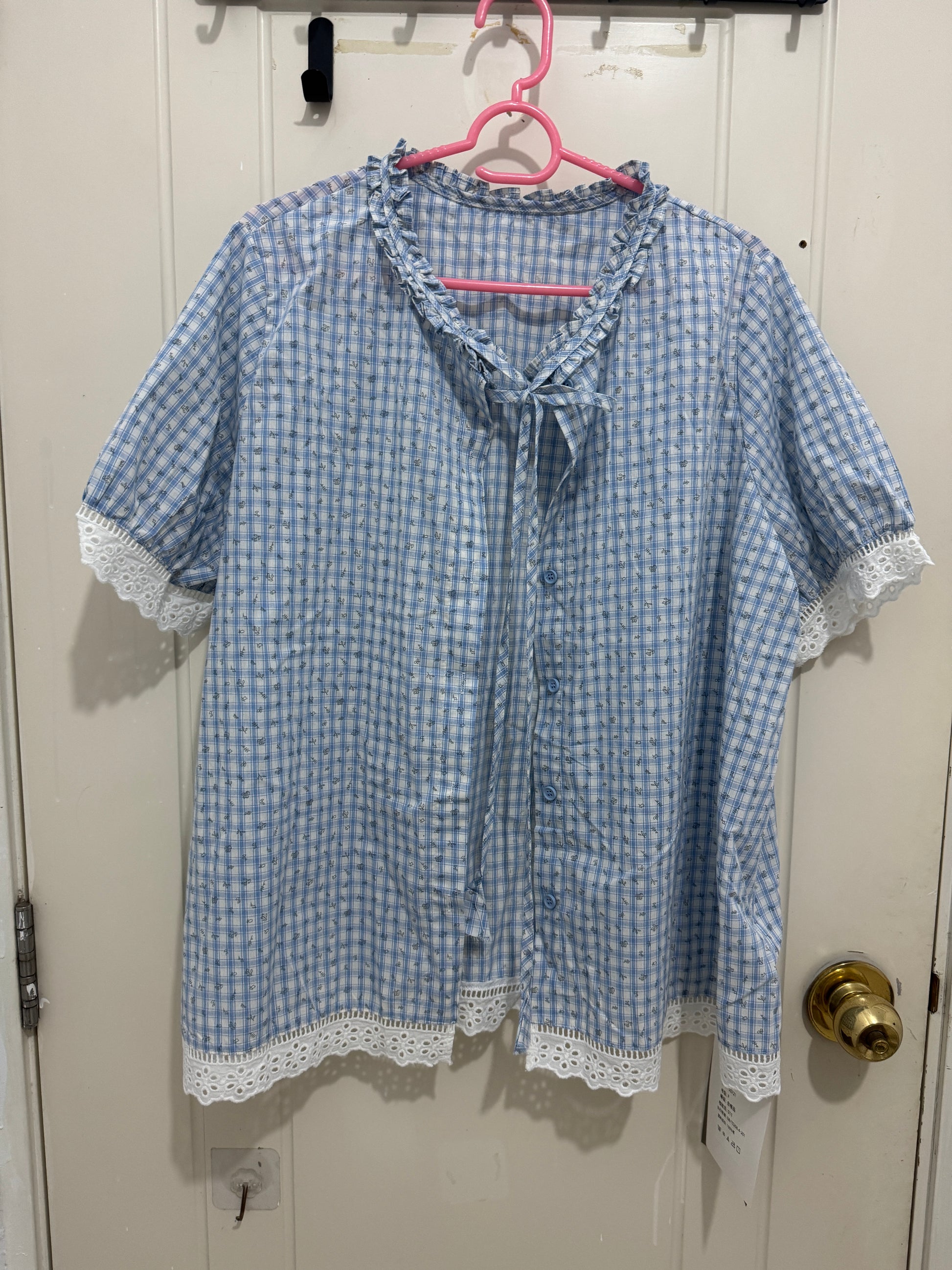 Japanese Fashion Cute Style Mori Series | Blue Grid with Flower Shirt - Kawaii Fashion Items