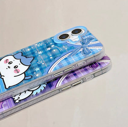 Japanese Cartoon ChiiKawa Laying with Lace Ribbon Laser Case | Chiikawa Hachiware Usagi Momonga - Phone Case Samsung Galaxy S26 S25 S24 S23 S22 S21 FE Ultra Edge