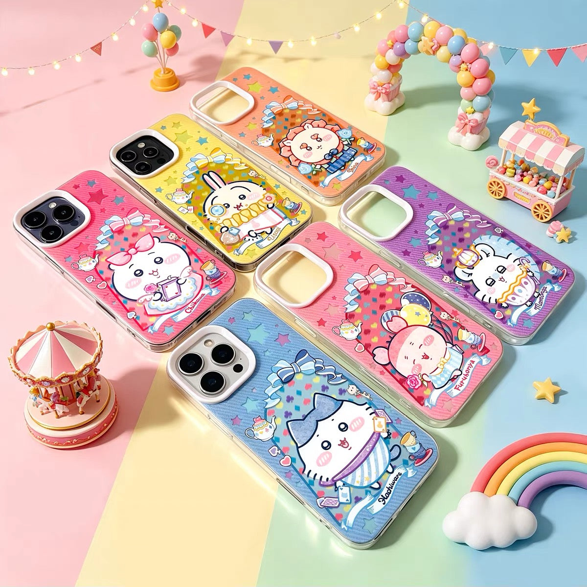 Japanese Cartoon ChiiKawa Happy Amusement Park Laser Case | Chiikawa Hachiware Usagi Momonga Shisa Crab - iPhone Case 11 12 13 14 15 16 16e 17 17e Pro Promax