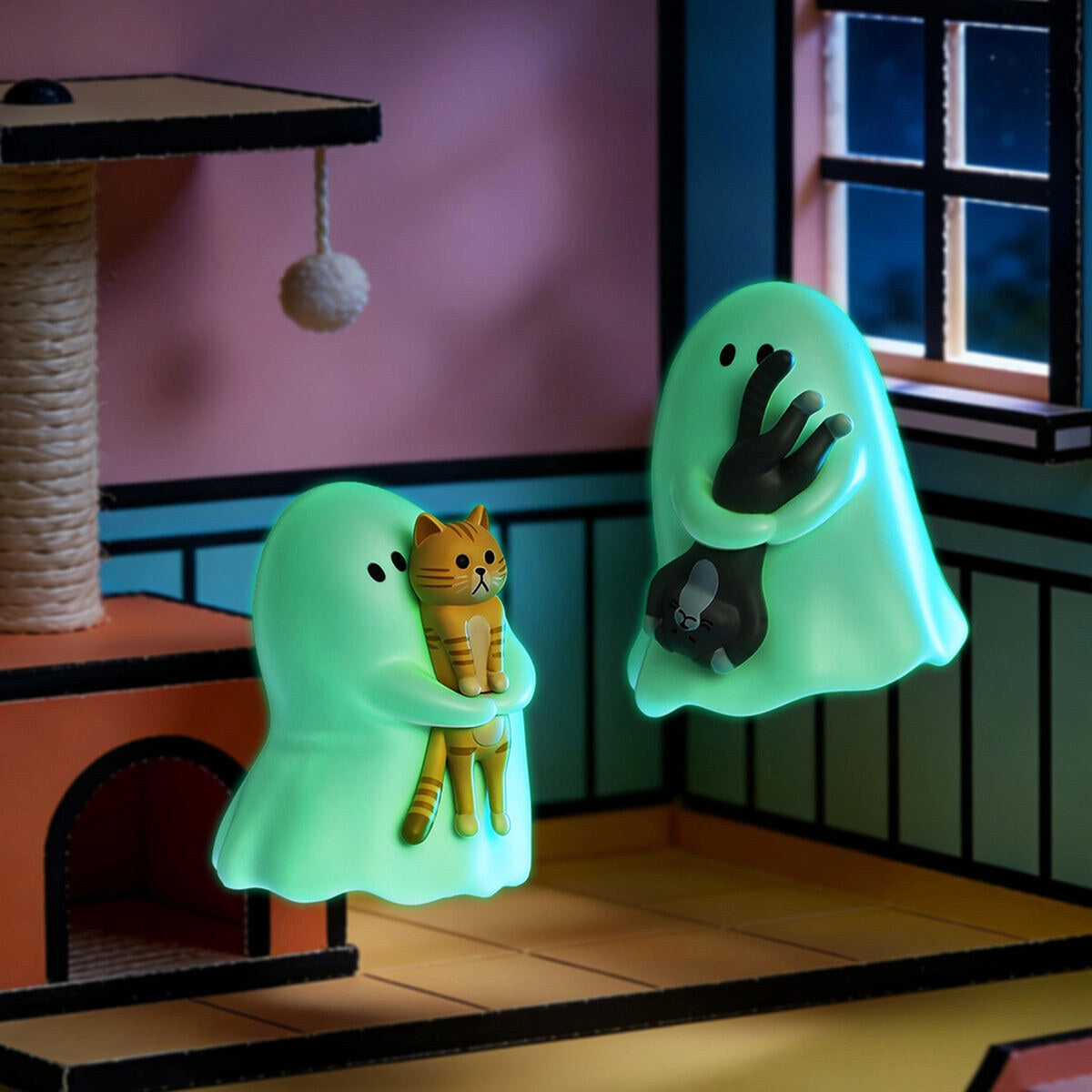 52TOYS GHODY Behold My Cat shelf display with a glowing ghost holding an orange tabby cat