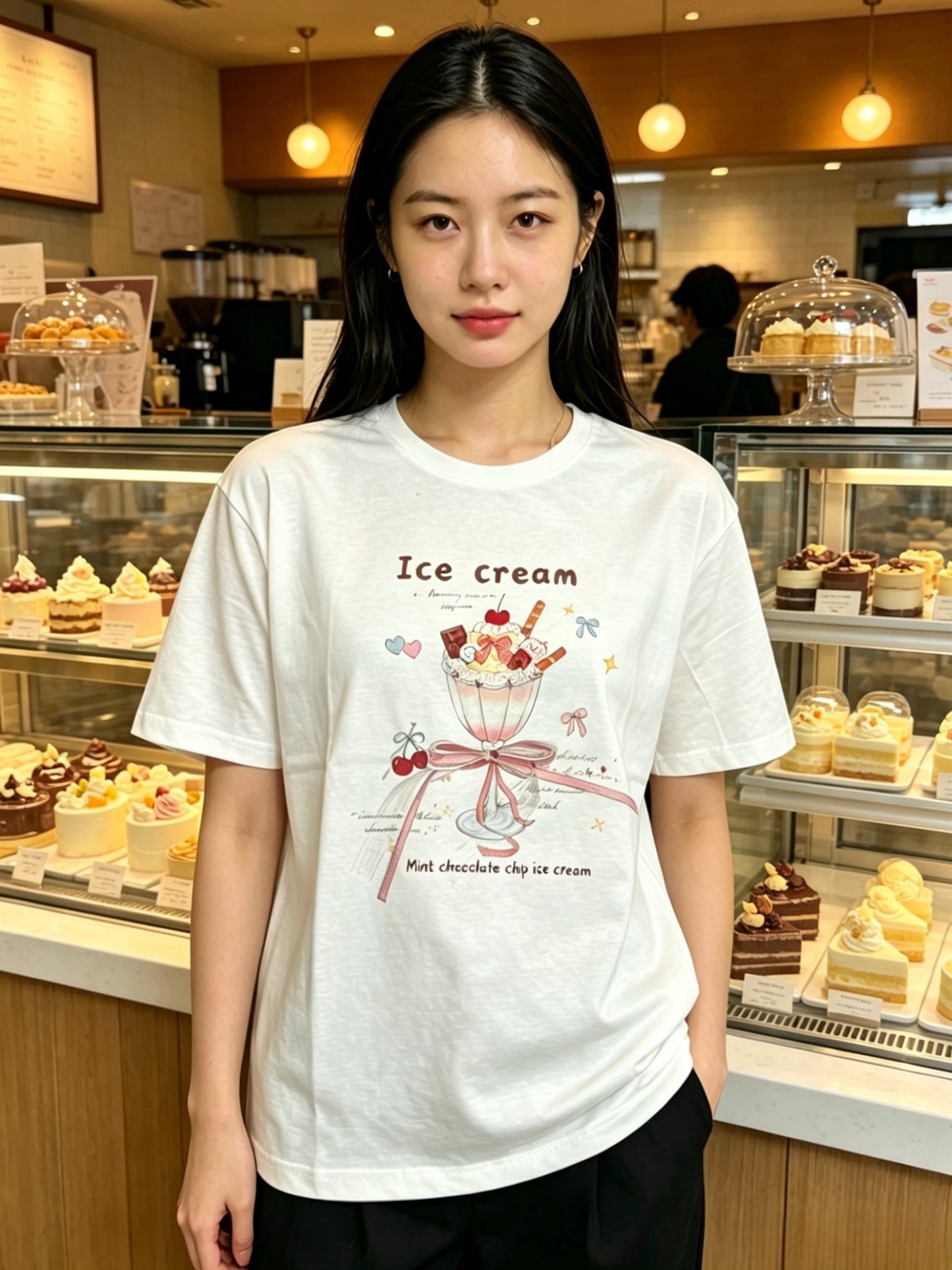 Korean Fashion Cute Sweets Style T-Shirt Series | Ice Cream Cup with Cat - Kawaii Fashion Items