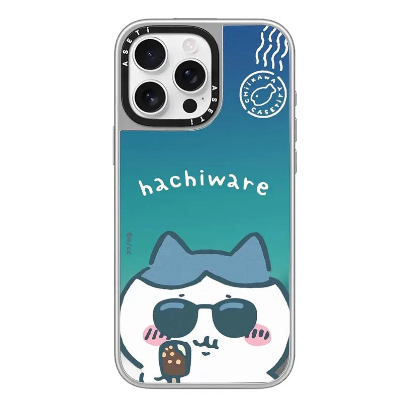 Japanese Cartoon ChiiKawa Clear with Mirror Silver Frame Phone Case | ChiiKawa Hachiware Usagi Aeroplane Window Wear Sunglass and Eating Ice Cream Blue - iPhone Case 12 13 14 15 16 17 Pro Promax