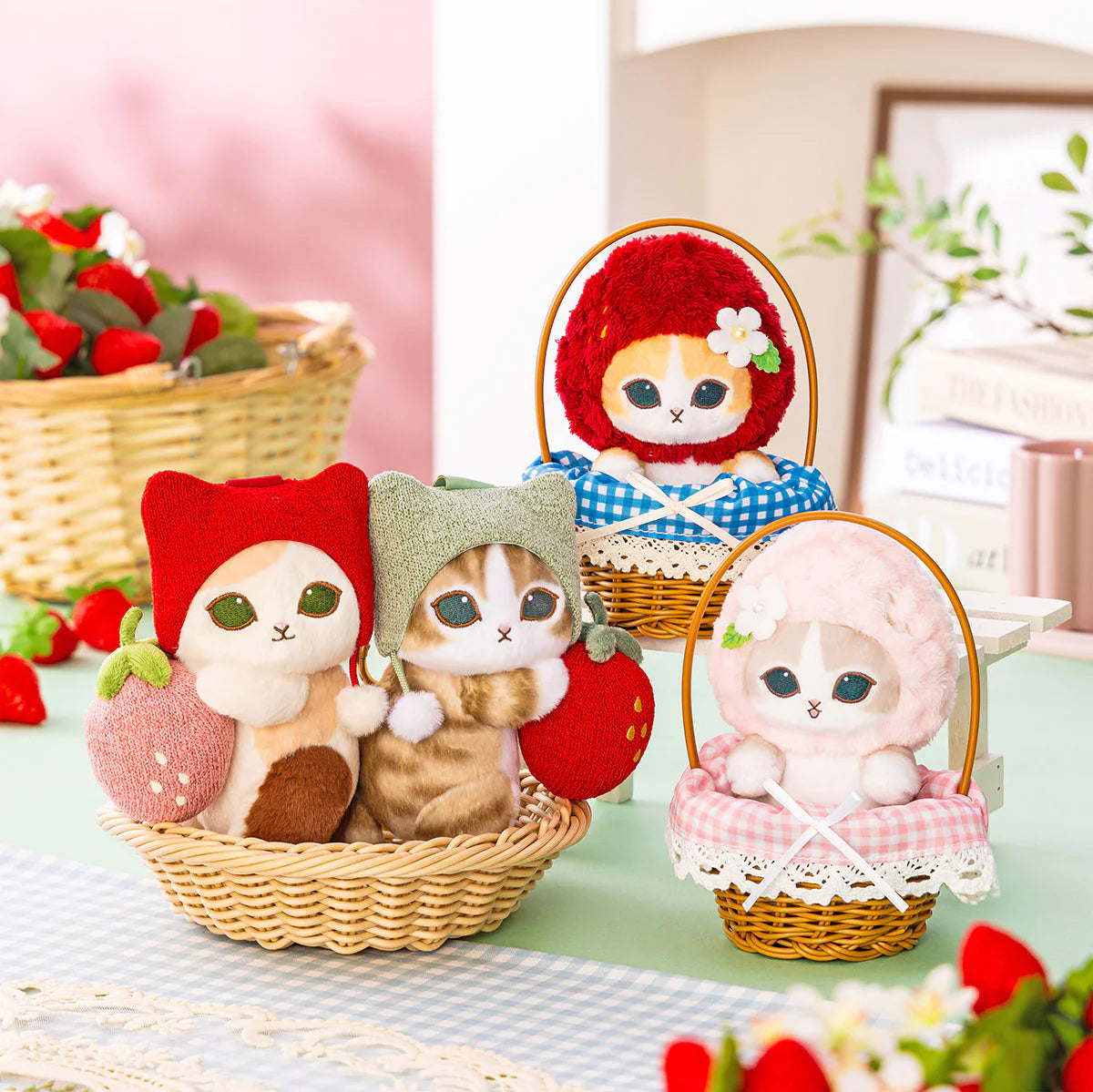 Japan Mofusand Strawberry Series | Mofusand Cat with Strawberry Hat Cute Plush Doll in Basket and Keychain - Kawaii items Room Decoration Doll