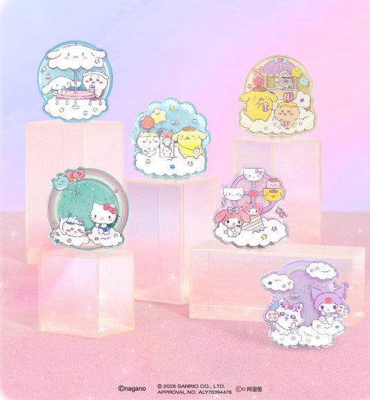 ChiiKawa X Miniso X Sanrio Series | ChiiKawa Hachiware Usagi Momonga Kurimanju Playing with Kitty My Melody Cinnamoroll Pompompurin Liquid Quicksand Acrylic Badge - Kawaii Items Room Decoration