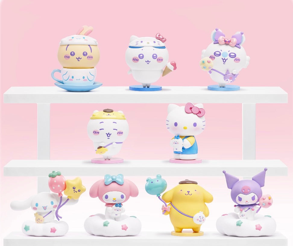 ChiiKawa X Miniso X Sanrio Series | ChiiKawa Hachiware Usagi Momonga Playing with Kitty My Melody Cinnamoroll Pompompurin Kuromi Plastic Mini Figure Blind Box - Kawaii Items Room Decoration Blind Box