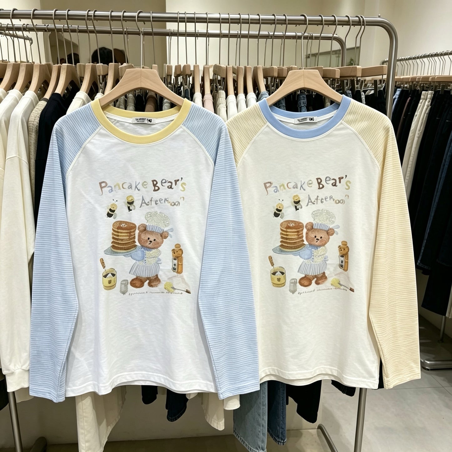 Korean Fashion Cute Animals Style Long-sleeved Sun Protection T-Shirt Series | Chef Cook Pancake Bear's Afternoon - Kawaii Fashion Items