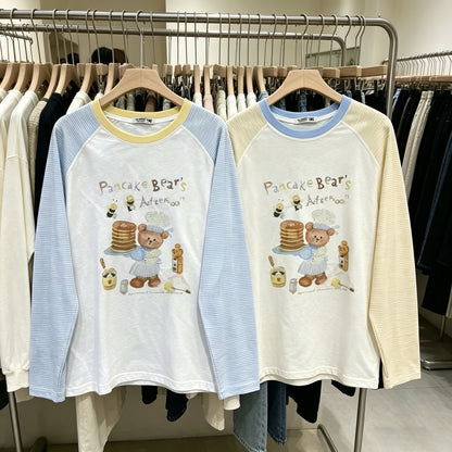 Korean Fashion Cute Animals Style Long-sleeved Sun Protection T-Shirt Series | Chef Cook Pancake Bear's Afternoon - Kawaii Fashion Items