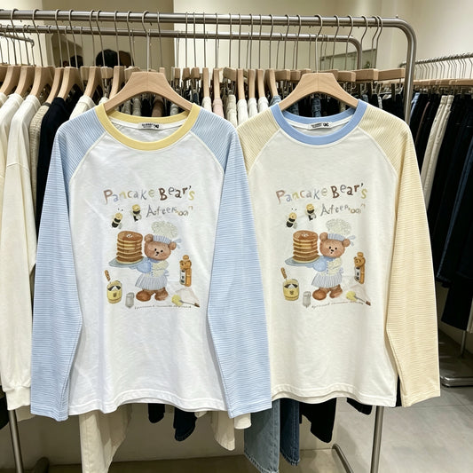 Korean Fashion Cute Animals Style Long-sleeved Sun Protection T-Shirt Series | Chef Cook Pancake Bear's Afternoon - Kawaii Fashion Items