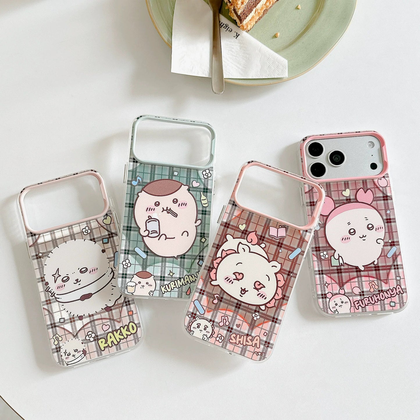 Japanese Cartoon ChiiKawa Laser Phone Case with Strap | Retro Plaid Rakko Kurimanju Shisa Furuhonya - iPhone Case PLUS SE2 11 12 13 14 15 16 16e 17 17e Pro Promax 12mini 13mini