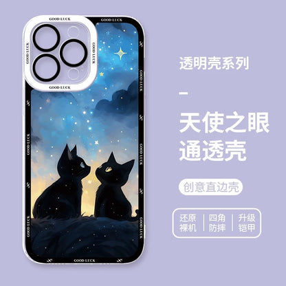 Black Cat with Starry Sky Oil Drawing Style | 8 Styles - iPhone Case PLUS SE2 XS XR X 11 12 13 14 15 16 16e 17 17e Pro Promax 12mini 13mini