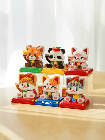 Mini Block Building Block Lucky Good Fortune with Cover | Cat Panda Red Panda - 3D Puzzle Micro Tiny Particle Assembly DIY Handmade Children Gift