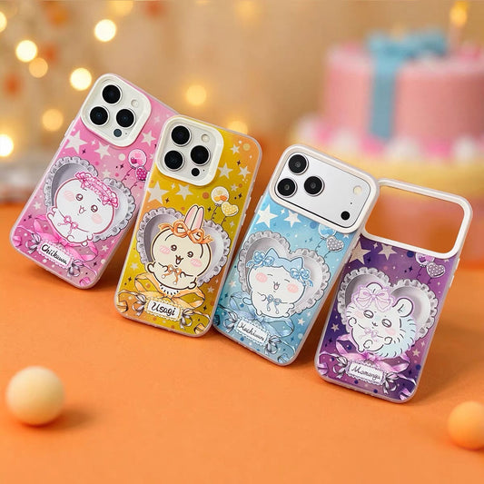 Japanese Cartoon ChiiKawa Ribbon Heart Cushion Laser Case | Chiikawa Hachiware Usagi Momonga 4 Styles - iPhone Case 11 12 13 14 15 16 16e 17 17e 18 Pro Promax