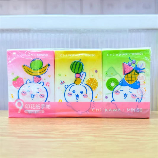 ちいかわ×MINISO 果物市場シリーズ フルーツマーケット | ちいかわ ハチワレ うさぎ ポケットティッシュ 9個パック - かわいいアイテム 日用品