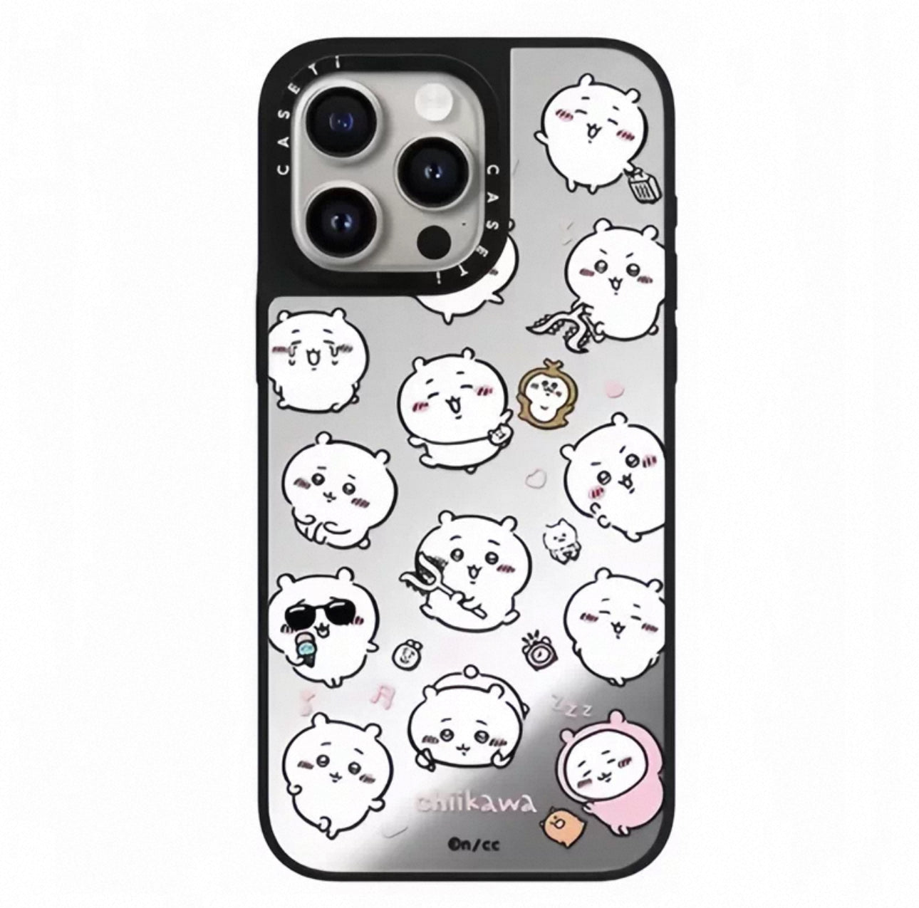 Japanese Cartoon ChiiKawa Mirror Phone Case | Full Screen Medley Fun Pose Silver Colour Chiikawa Hachiware Usagi - iPhone Case 12 13 14 15 16 17 Pro Promax
