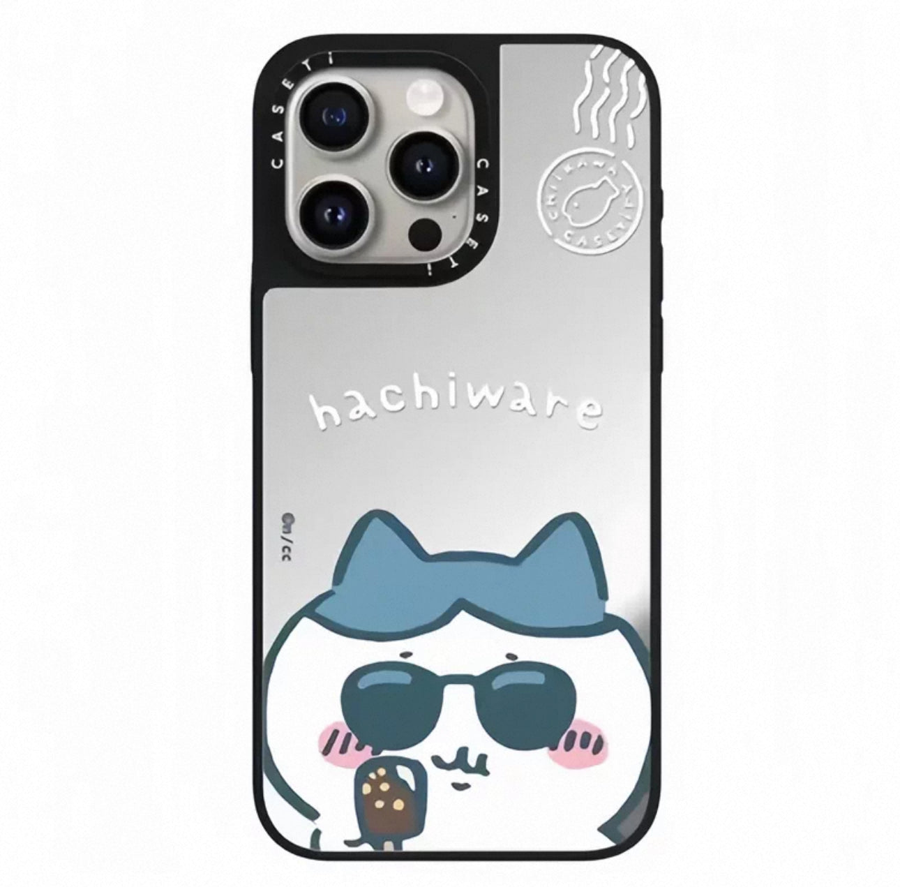 Japanese Cartoon ChiiKawa Mirror Phone Case | Silver & Blue ChiiKawa Hachiware Usagi Wear Sunglass and Eating Ice Cream - iPhone Case 12 13 14 15 16 17 Pro Promax
