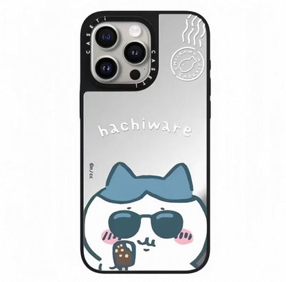Japanese Cartoon ChiiKawa Mirror Phone Case | Silver & Blue ChiiKawa Hachiware Usagi Wear Sunglass and Eating Ice Cream - iPhone Case 12 13 14 15 16 17 Pro Promax