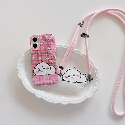 Japanese Cartoon Phone Back Clip with Phone Lanyard | Laying Chiikawa Hachiware Usagi Momonga - for All Smart Phones