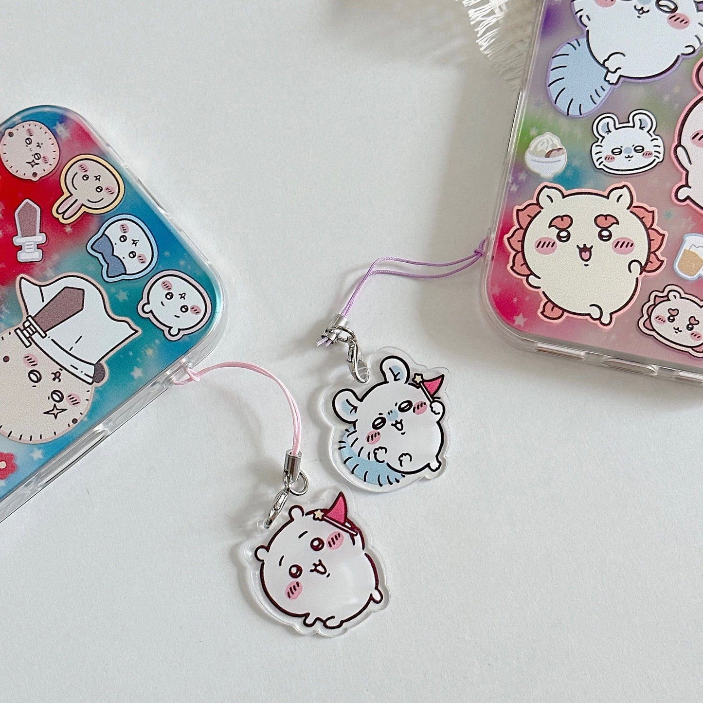 Japanese Cartoon ChiiKawa Laser Phone Case with Strap | Rainbow Galaxy with ChiiKawa Hachiware Usagi Momonga Rakko Kurimanju Shisa Furuhonya - iPhone Case PLUS SE2 11 12 13 14 15 16 16e 17 17e Pro Promax 12mini 13mini