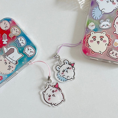 Japanese Cartoon ChiiKawa Laser Phone Case with Strap | Rainbow Galaxy with ChiiKawa Hachiware Usagi Momonga Rakko Kurimanju Shisa Furuhonya - iPhone Case PLUS SE2 11 12 13 14 15 16 16e 17 17e Pro Promax 12mini 13mini