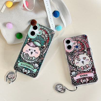 Japanese Cartoon iPhone Case with Strap | Laser Magical Girl with Glass Window Kurimanju Rakko Shisa Furuhonya Magic - iPhone Case 7 8 PLUS SE2 XS XR X 11 12 13 14 15 Pro Promax 12mini 13mini  WinnieTheBirds Toy Shop