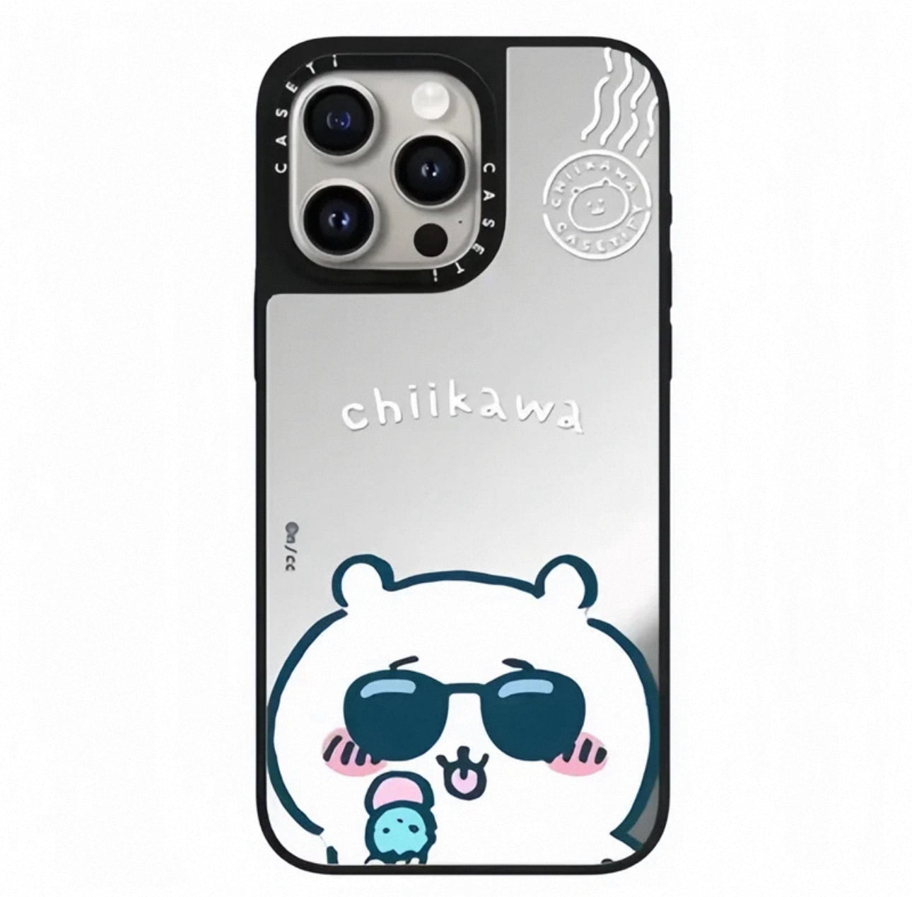 Japanese Cartoon ChiiKawa Mirror Phone Case | Silver & Blue ChiiKawa Hachiware Usagi Wear Sunglass and Eating Ice Cream - iPhone Case 12 13 14 15 16 17 Pro Promax