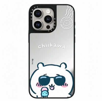 Japanese Cartoon ChiiKawa Mirror Phone Case | Silver & Blue ChiiKawa Hachiware Usagi Wear Sunglass and Eating Ice Cream - iPhone Case 12 13 14 15 16 17 Pro Promax