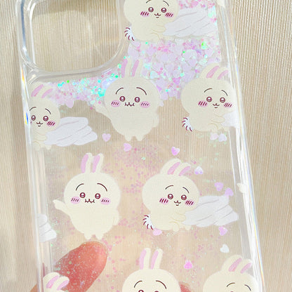 Japanese Cartoon Chiikawa Kawaii FullScreen | ChiiKawa Hachiware Usagi Glitter QuickSand iPhone Case 6 7 8 PLUS SE2 XS XR X 11 12 13 14 15 16 Pro Promax 12mini 13mini WinnieTheBirds Toy Shop