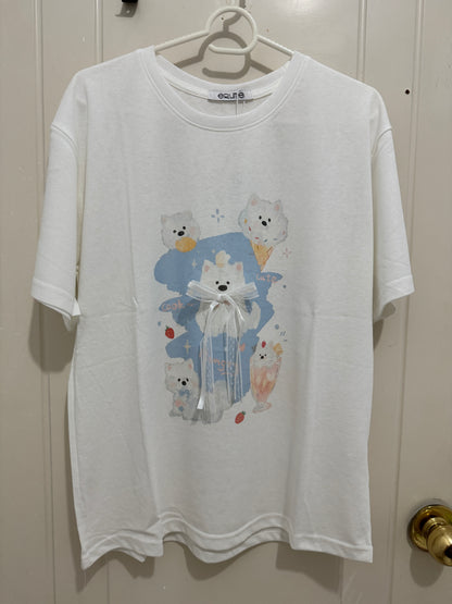 Korean Fashion Cute Animals Style T-Shirt Series | White Puppy Samoyed Dog with Sweets - Kawaii Fashion Items