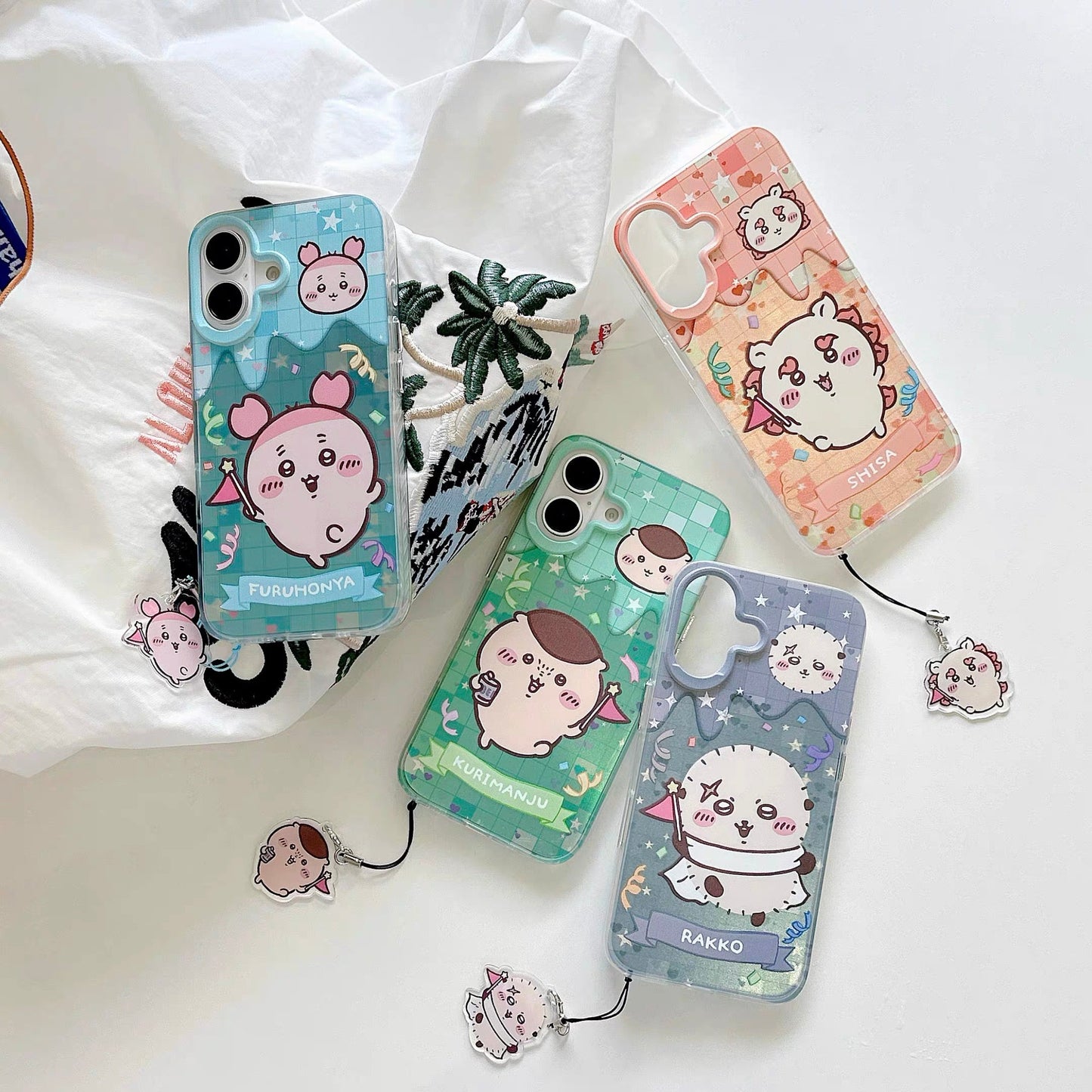Japanese Cartoon ChiiKawa iPhone Laser Case with Strap | Happy Party Rakko Kurimanju Shisa Furuhonya - iPhone Case PLUS SE2 11 12 13 14 15 16 16e 17 17e Pro Promax 12mini 13mini