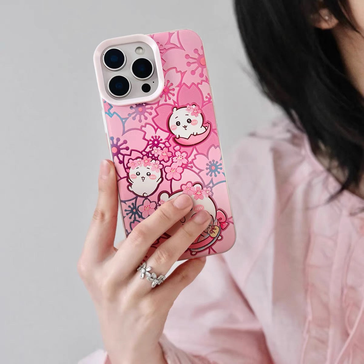 Japanese Cartoon ChiiKawa Sakura Pink Laser Case | Chiikawa Hachiware Usagi Momonga - iPhone Case 11 12 13 14 15 16 16e 17 17e Pro Promax