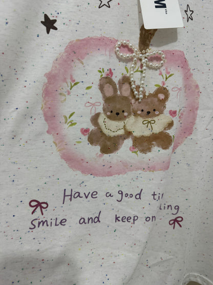 Korean Fashion Cute Animals Style T-Shirt Series | Pearl Ribbon Apple with Teddy Bear & Rabbit - Kawaii Fashion Items