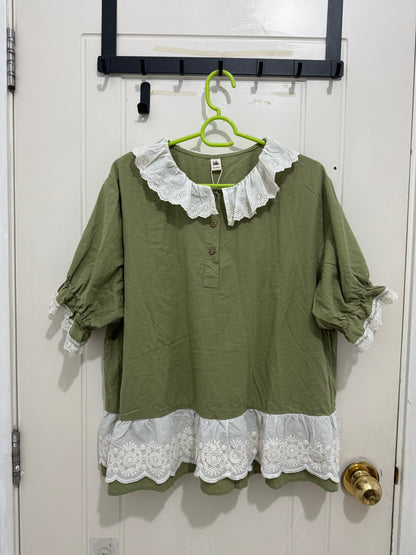 Japanese Fashion Cute Style Mori Series | Green with White Lace Shirt - Kawaii Fashion Items