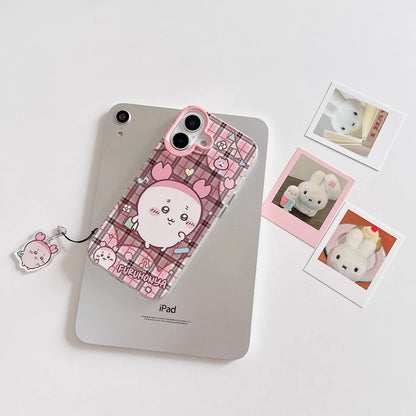 Japanese Cartoon ChiiKawa Laser Phone Case with Strap | Retro Plaid Rakko Kurimanju Shisa Furuhonya - iPhone Case PLUS SE2 11 12 13 14 15 16 16e 17 17e Pro Promax 12mini 13mini