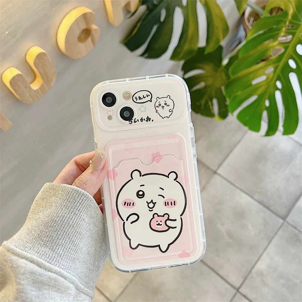 Japanese Cartoon Chiikawa | ChiiKawa Hachiware Usagi Happy Outing with Card Holder & Handle Strap - Phone Case Samsung Galaxy S25 S24 S23 S22 S21 FE Ultra Edge