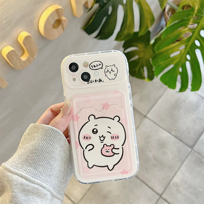 Japanese Cartoon Chiikawa | ChiiKawa Hachiware Usagi Happy Outing with Card Holder & Handle Strap - Phone Case Samsung Galaxy S25 S24 S23 S22 S21 FE Ultra Edge