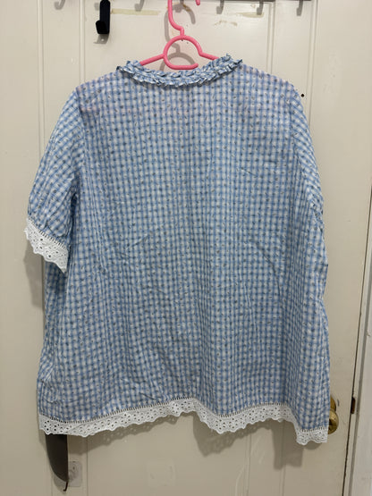 Japanese Fashion Cute Style Mori Series | Blue Grid with Flower Shirt - Kawaii Fashion Items