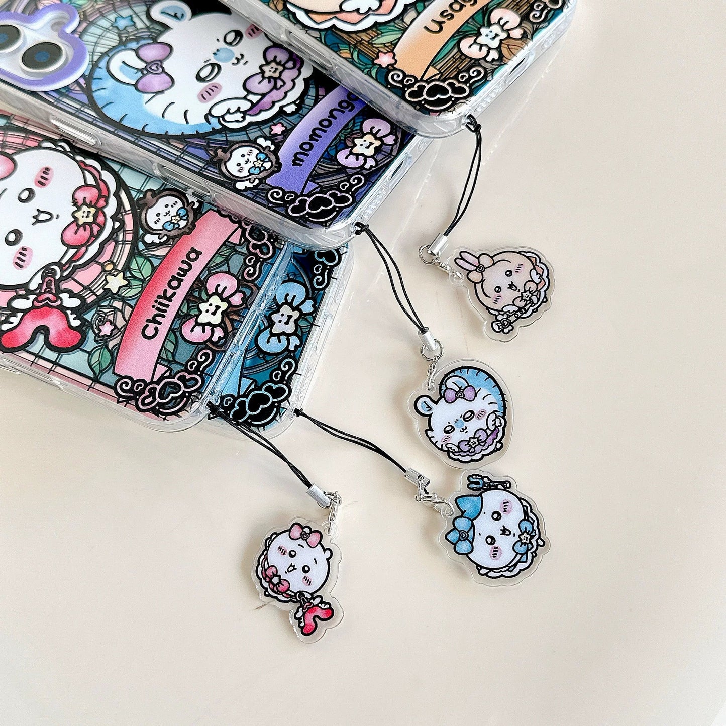 Japanese Cartoon iPhone Case with Strap | Laser Magical Girl with Glass Window Chiikawa Hachiware Usagi Momonga Magic - iPhone CasePhone Case 7 8 PLUS SE2 XS XR X 11 12 13 14 15 Pro Promax 12mini 13mini WinnieTheBirds Toy Shop