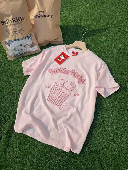 Korean Fashion Cute Cartoon Style T-Shirt Series | Bling Bling Embroidery Popcorn Hello Kitty - Kawaii Fashion Items