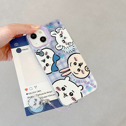 Japanese Cartoon iPhone Case with Strap | Laser Playing Group ChiiKawa Hachiware Usagi Momonga - iPhone CasePhone Case  7 8 PLUS SE2 XS XR X 11 12 13 14 15 Pro Promax 12mini 13mini  WinnieTheBirds Toy Shop