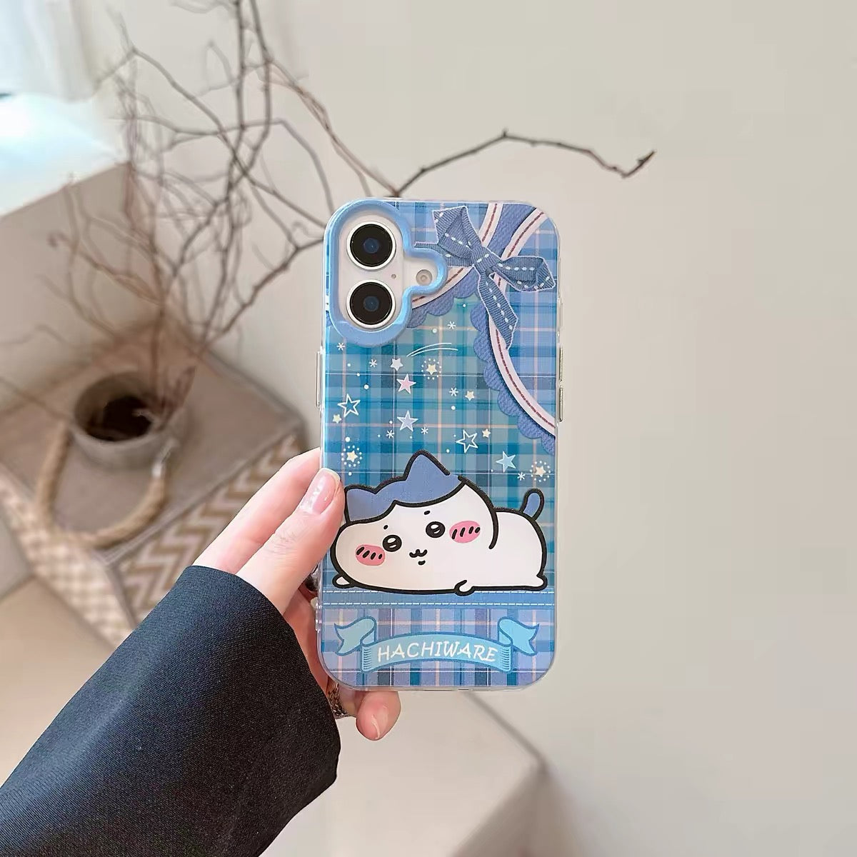 Japanese Cartoon ChiiKawa Laying with Lace Ribbon Laser Case | Chiikawa Hachiware Usagi Momonga - iPhone Case Plus SE2 11 12 13 14 15 16 16e 17 17e Pro Promax 12mini 13mini