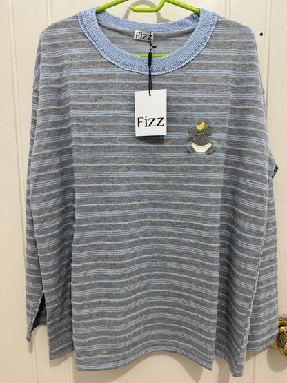 Korean Fashion Autumn Wool Long-sleeved Series | Blue & Grey Stripe with Baby Elephant - Kawaii Fashion Items