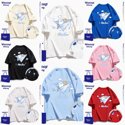 Cute Cartoon Doggie Maltese Puppy Style T-Shirt Series | On Paper Plane Front & Back - Kawaii Fashion Items for Child & Adult