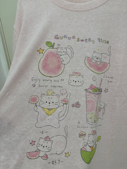 Korean Fashion Cute Animals Style T-Shirt Series | Happy White Cat Guava Sweet Time - Kawaii Fashion Items