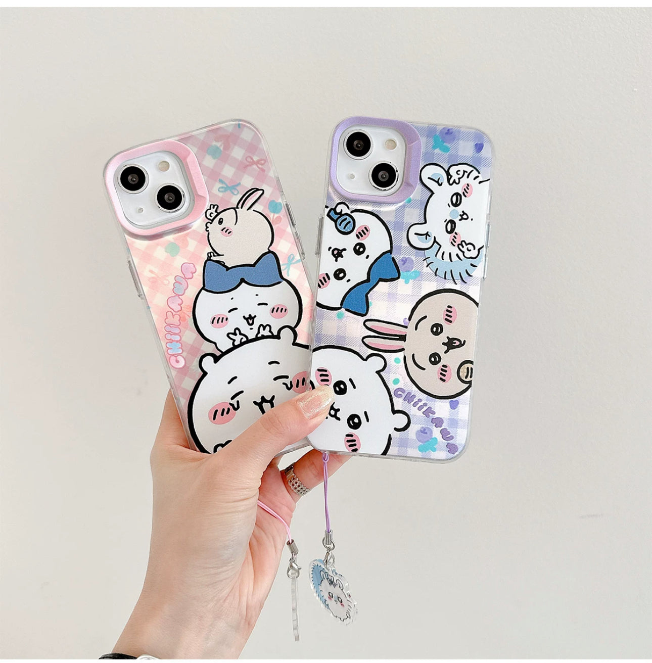 Japanese Cartoon iPhone Case with Strap | Laser Playing Group ChiiKawa Hachiware Usagi Momonga - iPhone CasePhone Case  7 8 PLUS SE2 XS XR X 11 12 13 14 15 Pro Promax 12mini 13mini  WinnieTheBirds Toy Shop
