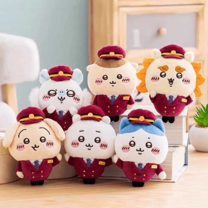 Japan ChiiKawa Train Steward | ChiiKawa Hachiware Usagi Momonga Kurimanju Shisa- Mini Plush Doll Keychain 