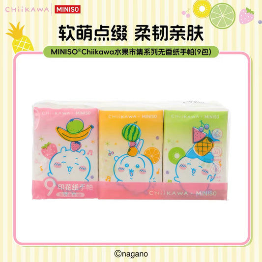 ちいかわ×MINISO 果物市場シリーズ フルーツマーケット | ちいかわ ハチワレ うさぎ ポケットティッシュ 9個パック - かわいいアイテム 日用品